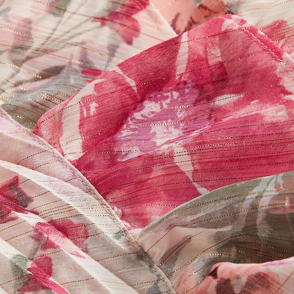 Express Metallic Floral One-Shoulder Romper | Faux Wrap | Ruffle Hem | Size L - Picture 5 of 7